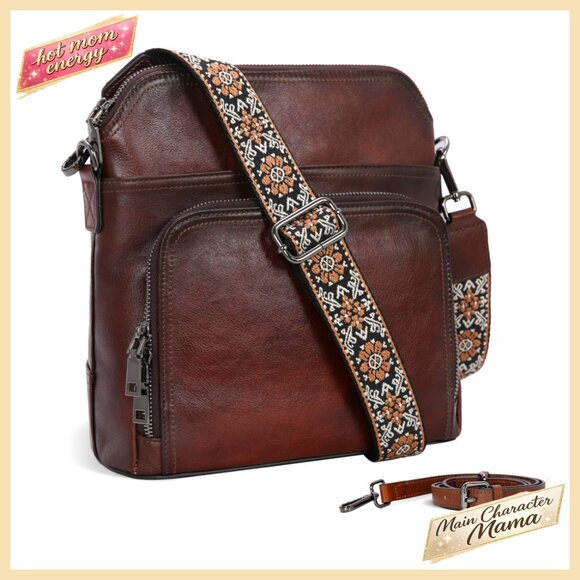 Leather Crossbody Bag Multi Pocket Medium Shoulder Purse Lightweight Travel